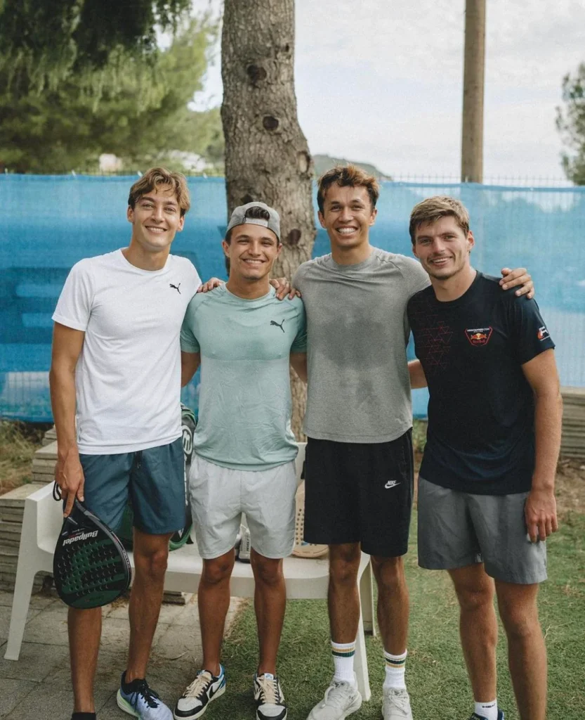 Formula 1 drivers Russell, Norris, Albon and Verstappen
