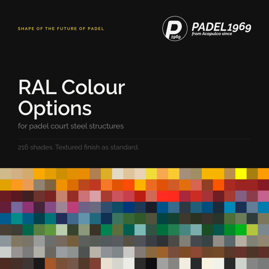 PADEL1969 RAL colour chart showing the complete range of 216 RAL Classic shades available for padel court steel structures