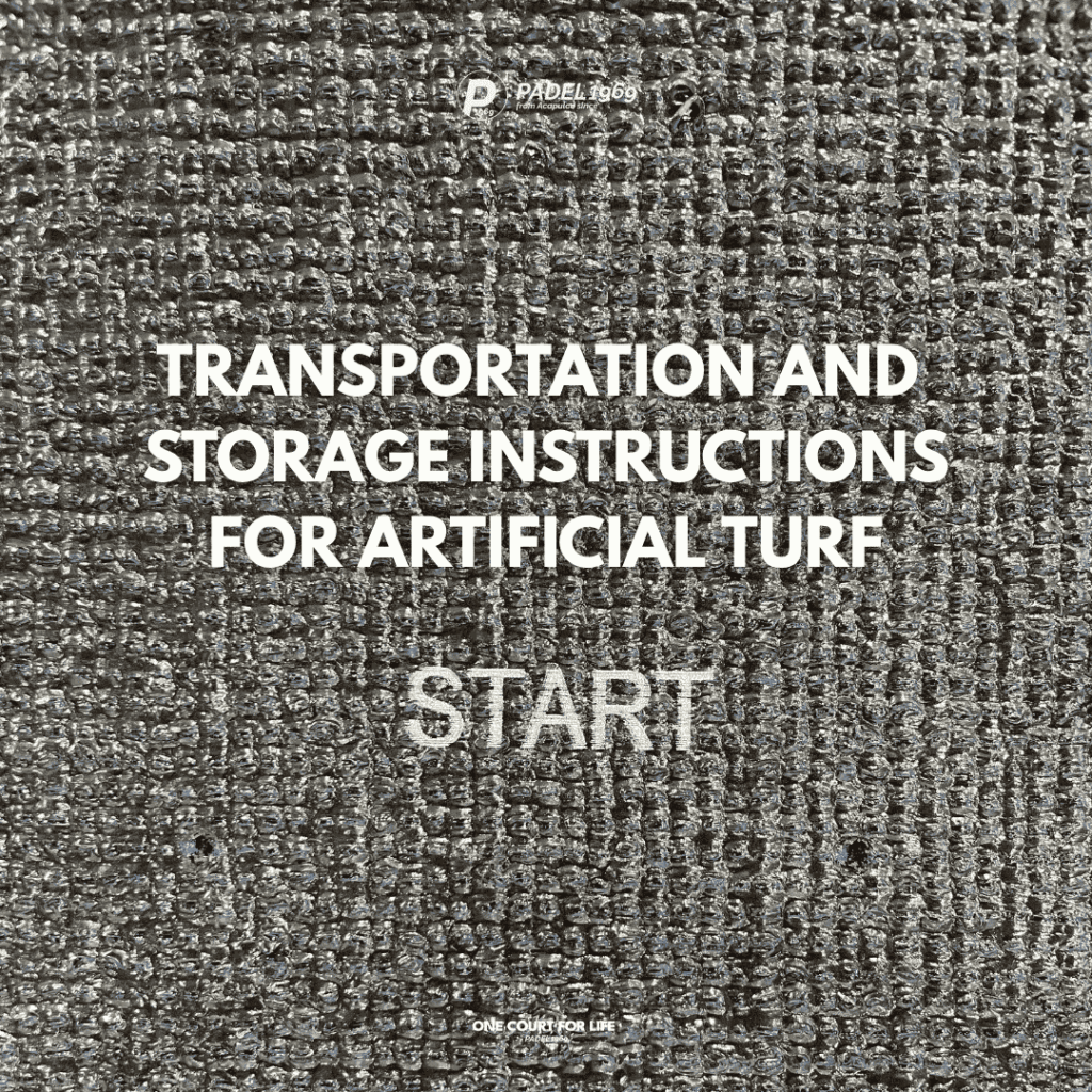 Cover graphic on a close-up of artificial turf fibres reading Transportation and Storage Instructions for Artificial Turf, the opening panel of the PADEL1969 handling guide for padel court turf rolls.
