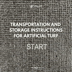 Cover graphic on a close-up of artificial turf fibres reading Transportation and Storage Instructions for Artificial Turf, the opening panel of the PADEL1969 handling guide for padel court turf rolls.